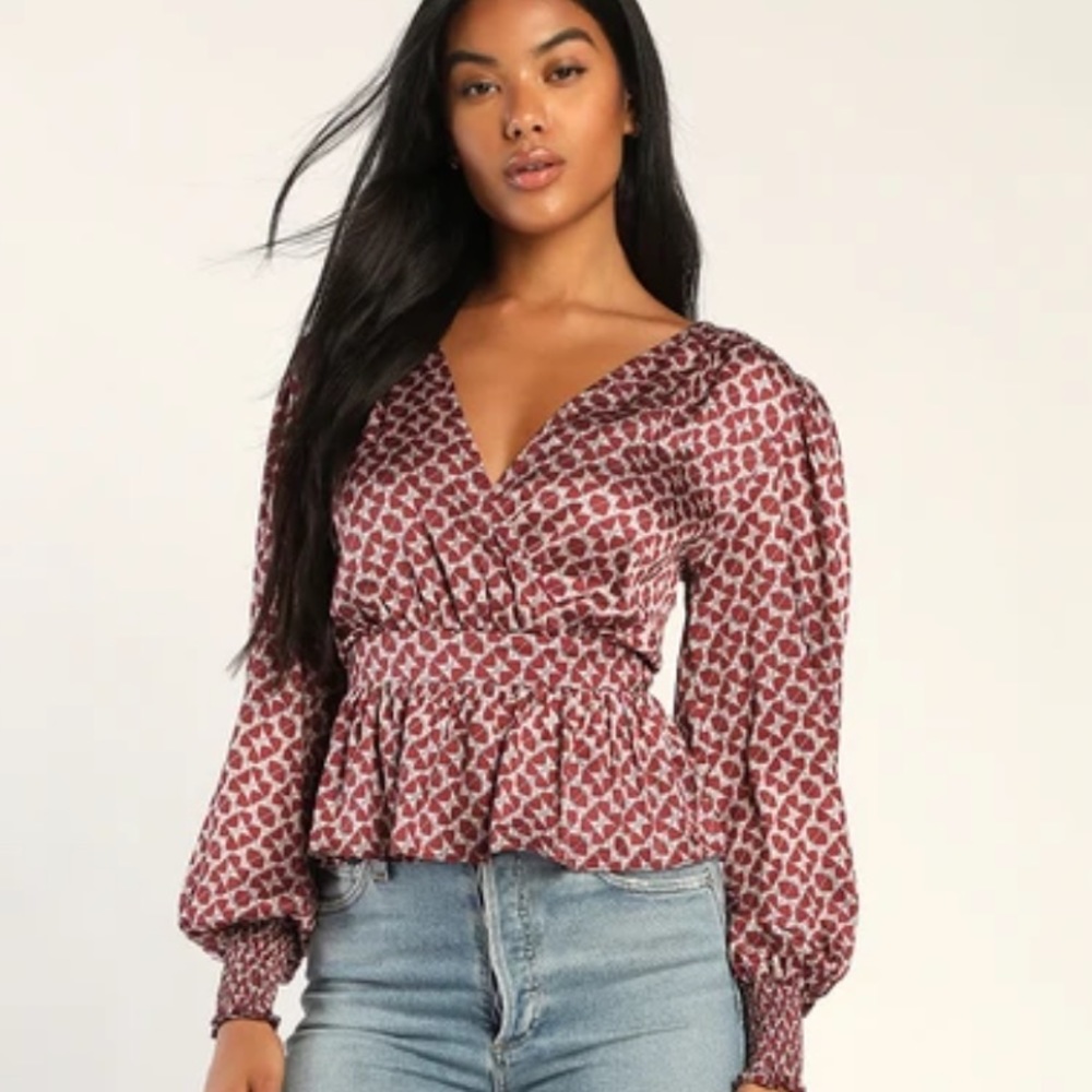 Lulus Long Sleeve Geometric Print Peplum Top NWT